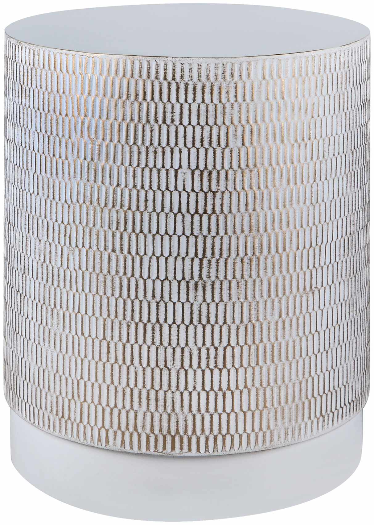 Round side table with textured white surface and patterned base
