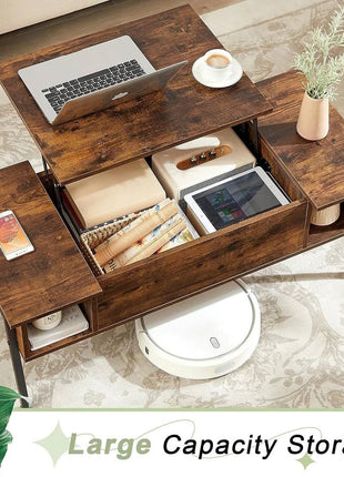 Modern Lift-Top Coffee Table Laptop Desk with Storage Shelf in Brown Wood Finish-1