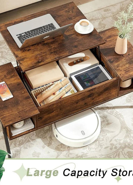 Modern Lift-Top Coffee Table Laptop Desk with Storage Shelf in Brown Wood Finish-1