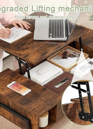 Modern Lift-Top Coffee Table Laptop Desk with Storage Shelf in Brown Wood Finish-0