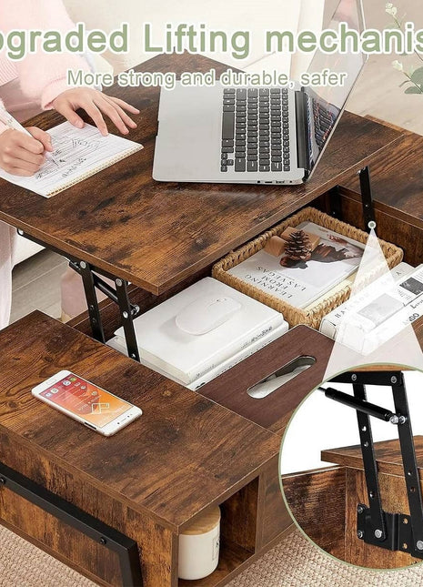 Modern Lift-Top Coffee Table Laptop Desk with Storage Shelf in Brown Wood Finish-0