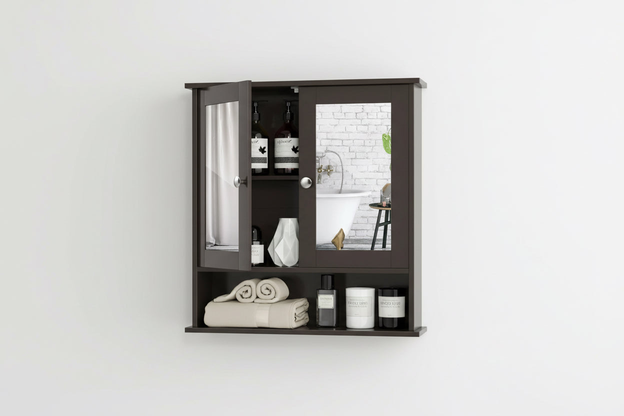 Brown Wooden Bathroom Wall / Medicine Cabinet with Mirrored Doors and Shelf-0