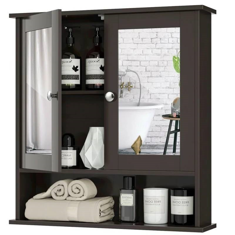 Brown Wooden Bathroom Wall / Medicine Cabinet with Mirrored Doors and Shelf-0