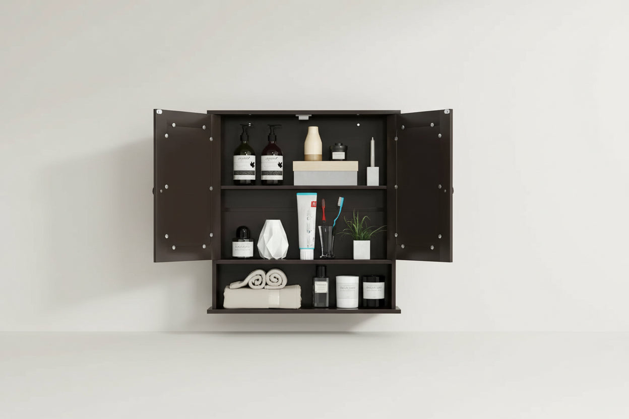 Brown Wooden Bathroom Wall / Medicine Cabinet with Mirrored Doors and Shelf-1