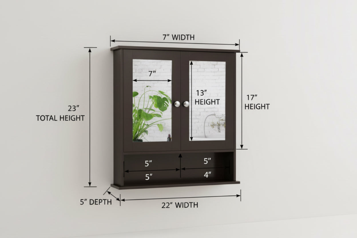 Brown Wooden Bathroom Wall / Medicine Cabinet with Mirrored Doors and Shelf-4