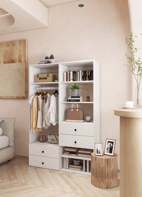 Closet System, Closet Organizers and Storage with  6 Shelves Wall Mounted, Closet Organizer with Clothing Racks for Hanging Clothes, White Wardrobe Closet for Bedroom