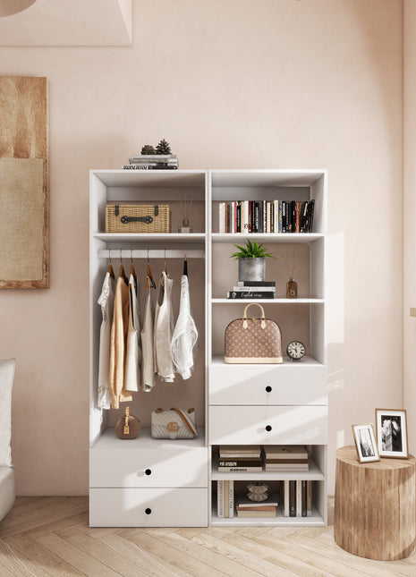 Closet System, Closet Organizers and Storage with  6 Shelves Wall Mounted, Closet Organizer with Clothing Racks for Hanging Clothes, White Wardrobe Closet for Bedroom
