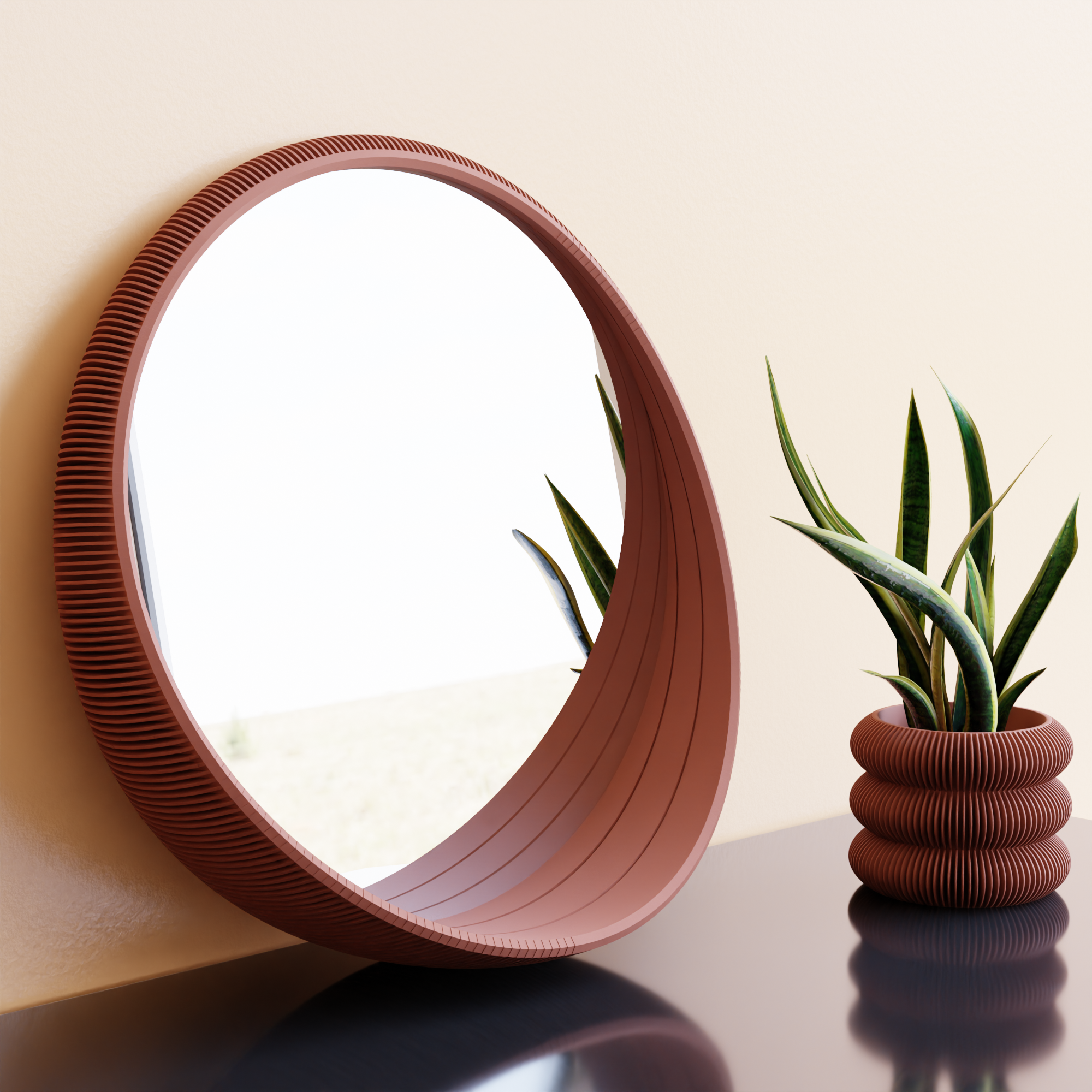 Round mirror with ribbed brown frame and matching plant pot on a neutral background
