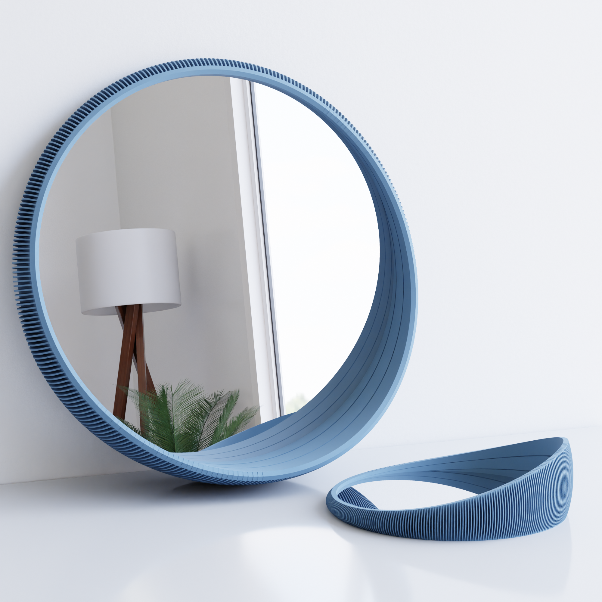 Round blue mirror with a matching strap on a white background