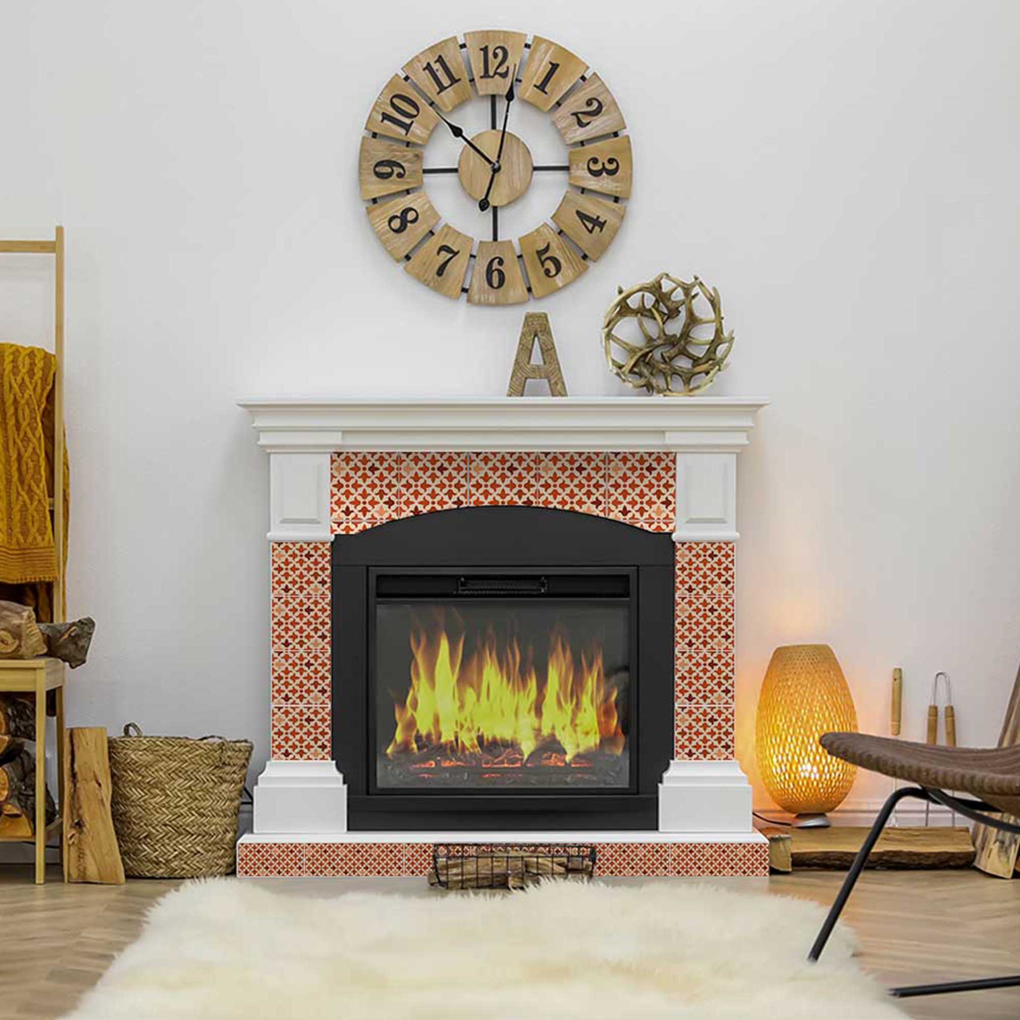 Fireplace with decorative clock and mantel in a living room setting