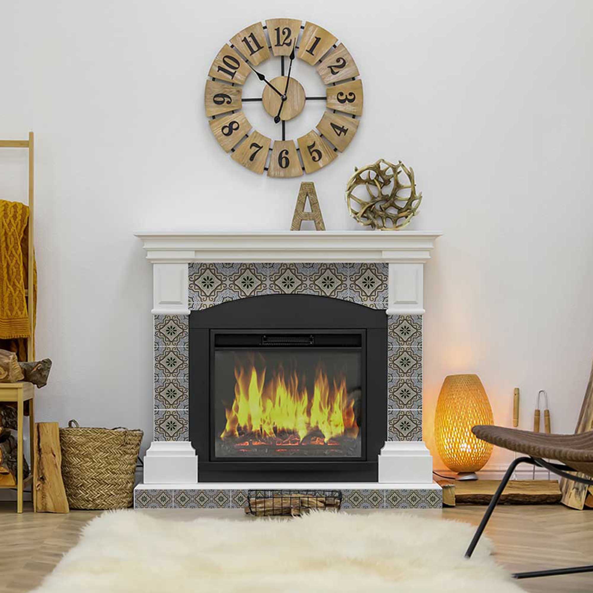Living room with a fireplace, decorative clock, and lamp.