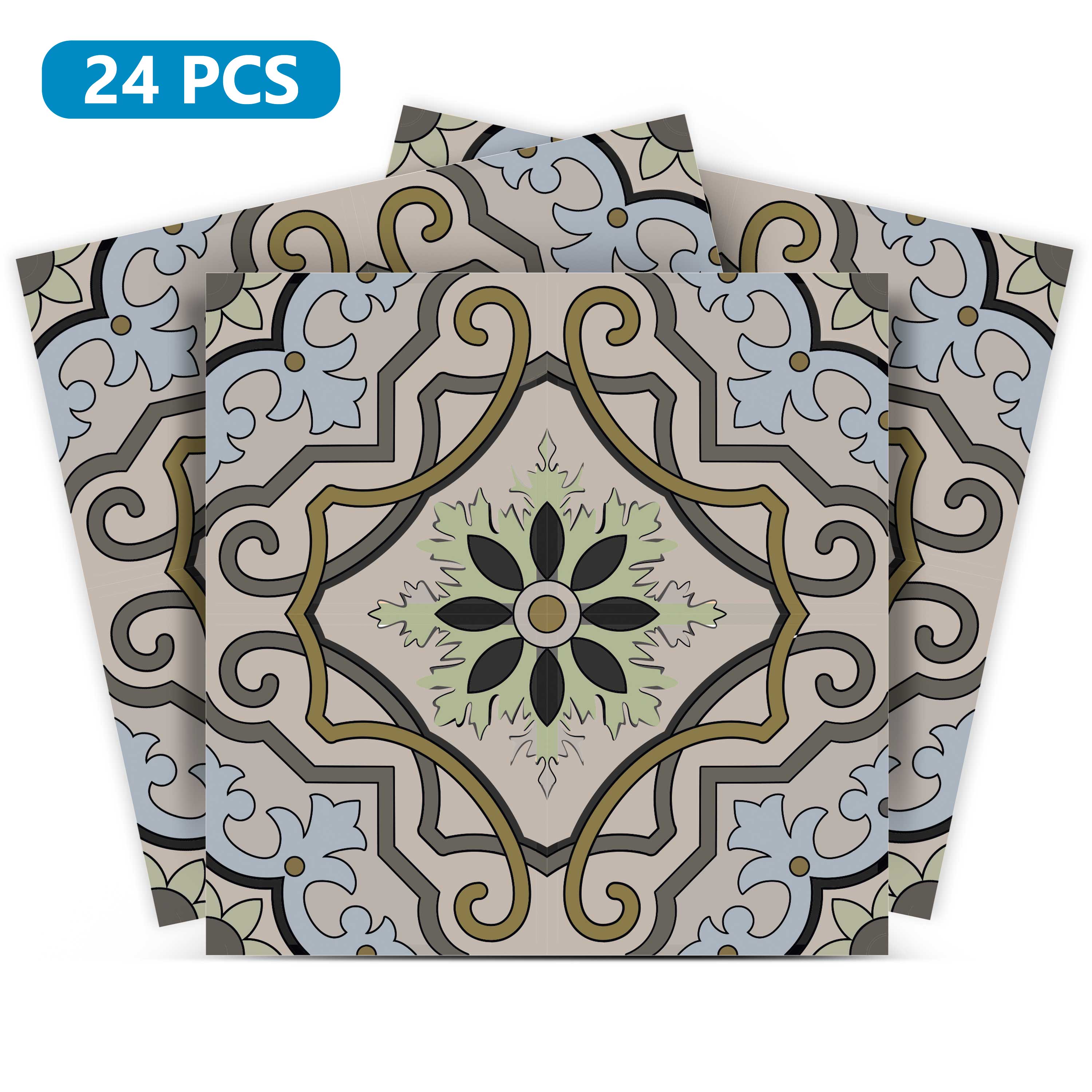 Three decorative tiles with a geometric pattern on a white background, labeled '24 PCS'.