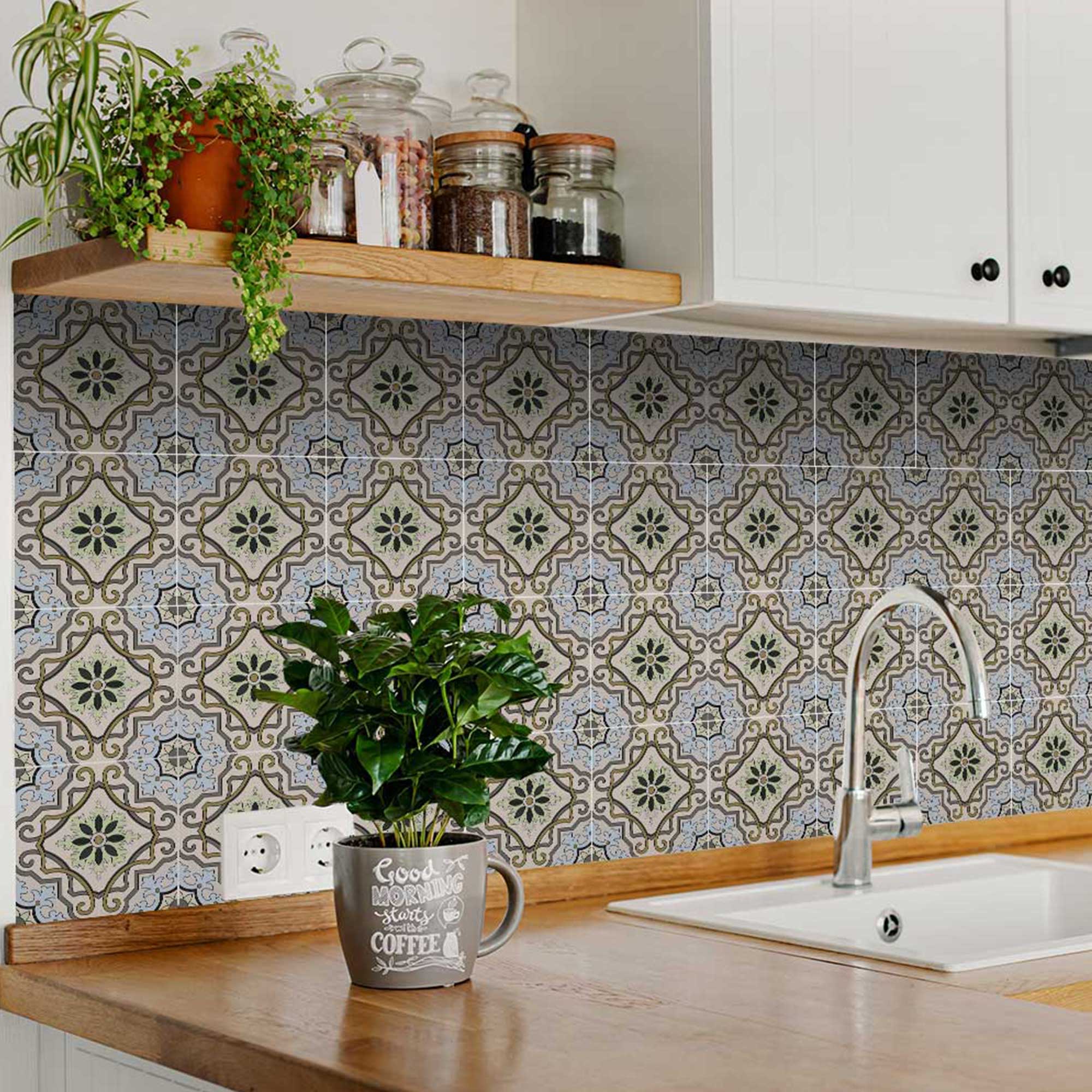 Kitchen with patterned tile backsplash, wooden countertop, and potted plant.