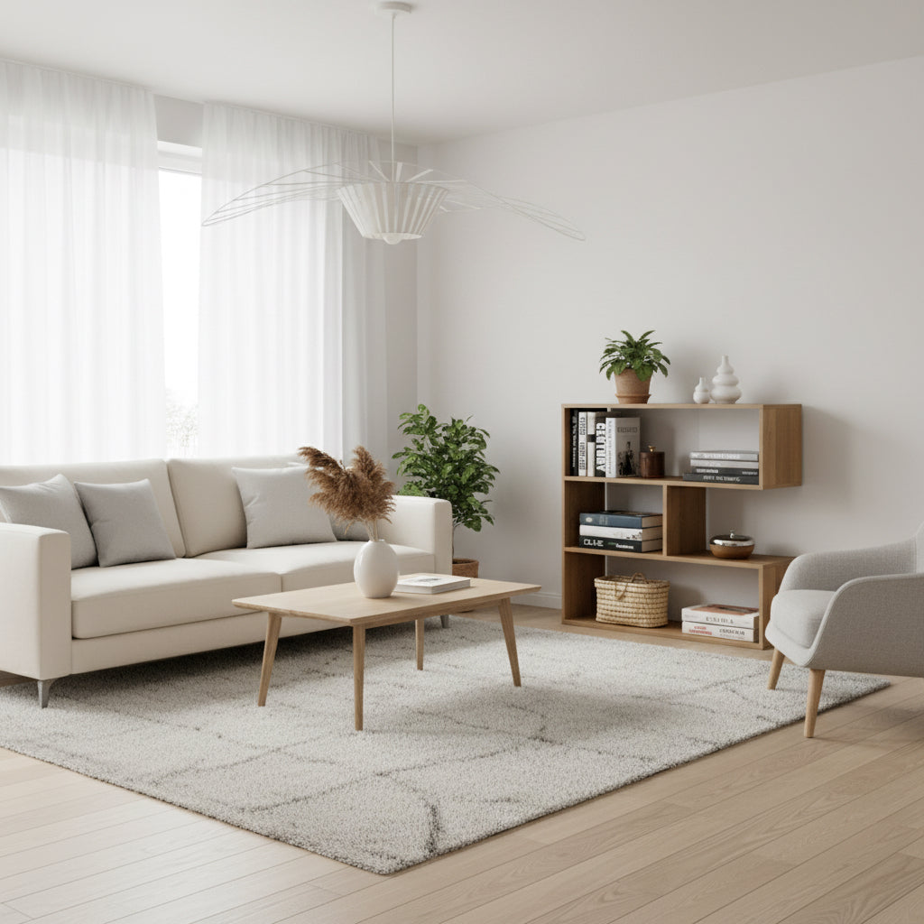 Wooden bookshelf with books and decorative items on a white background