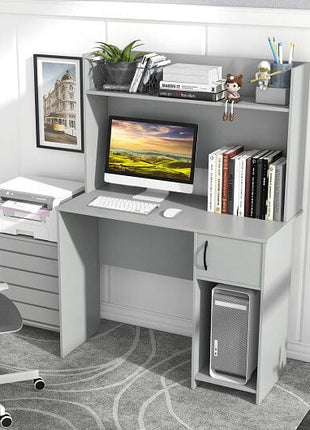 Home Office Desk with Raised Display Shelf and 2 Open Shelves-Gray-0