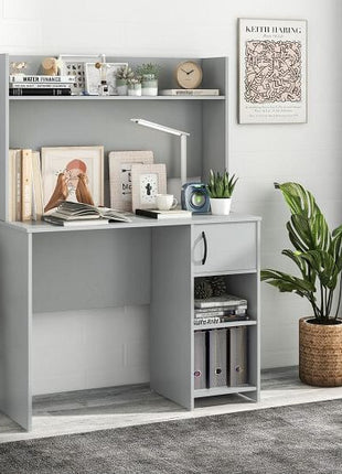 Home Office Desk with Raised Display Shelf and 2 Open Shelves-Gray-1