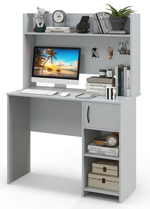 Home Office Desk with Raised Display Shelf and 2 Open Shelves-Gray-2