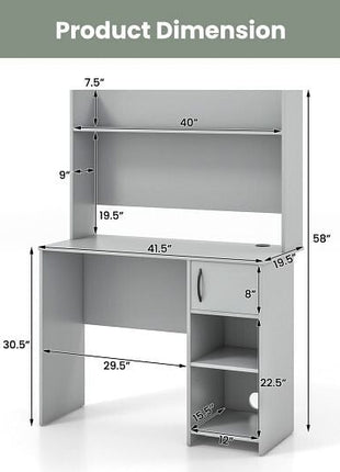 Home Office Desk with Raised Display Shelf and 2 Open Shelves-Gray-3