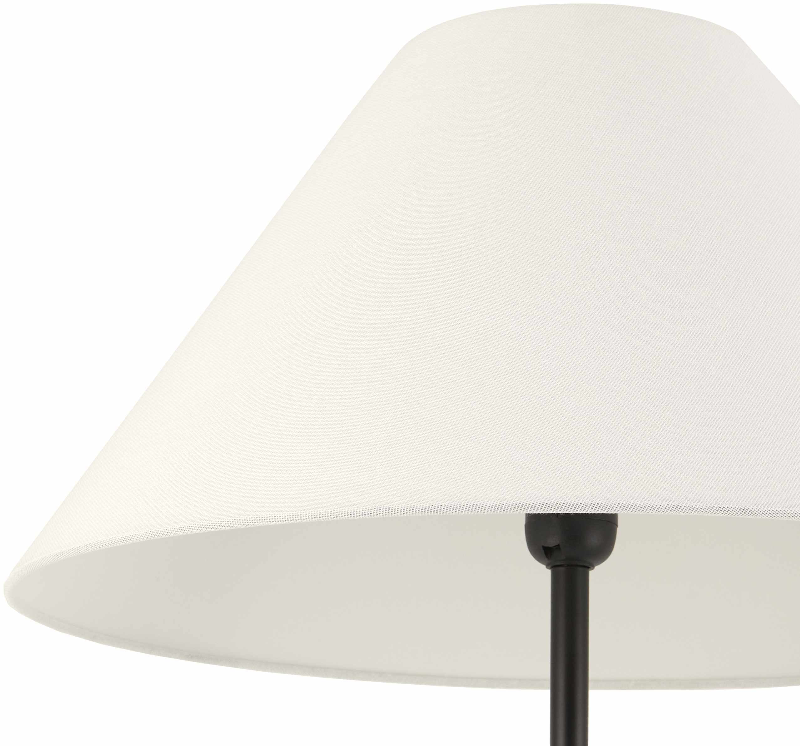 White lampshade with a black fixture on a white background