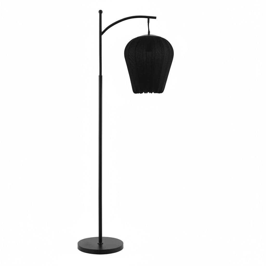 Black floor lamp with a unique shade design on a white background