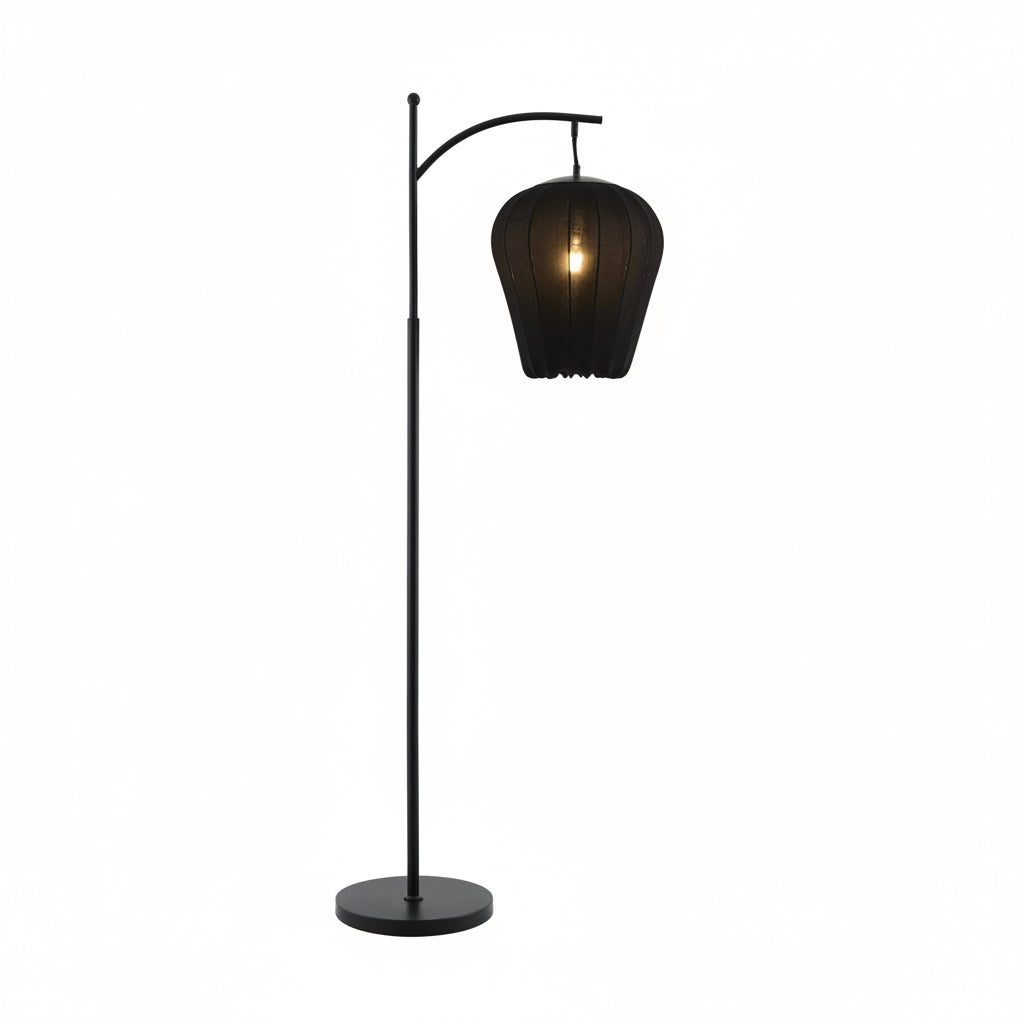 Black floor lamp with a hanging lampshade on a white background