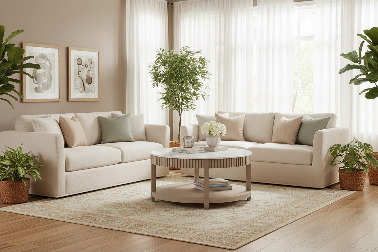 Round wooden coffee table with a white top on a white background