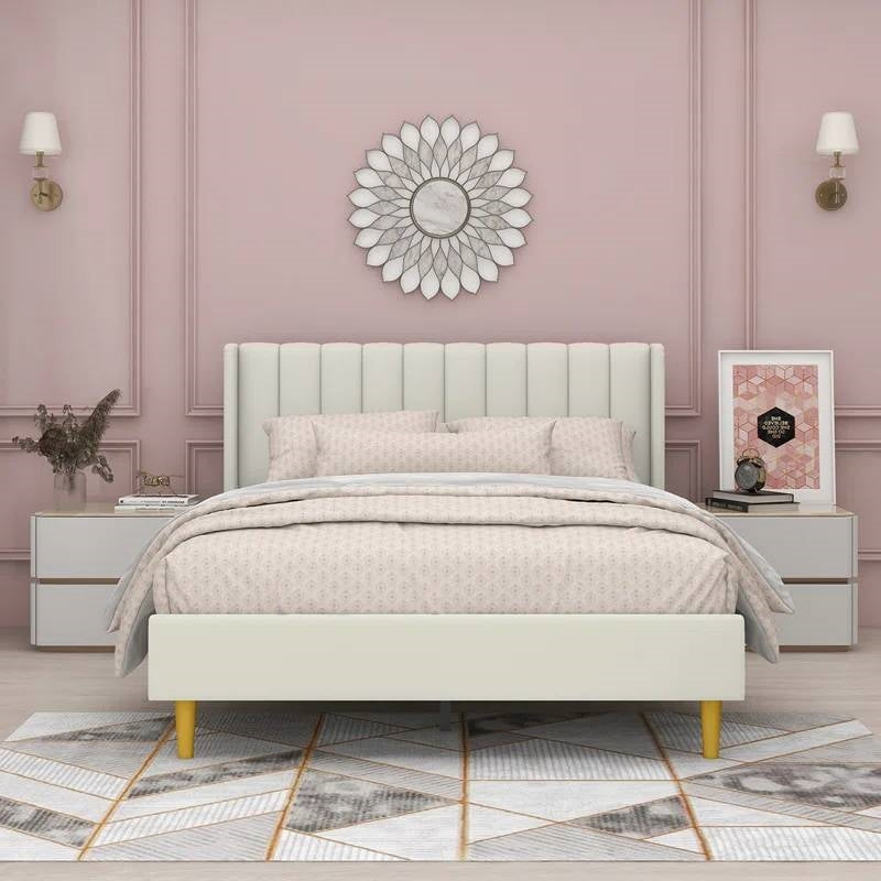 Queen Mid-Century Platform Bed Frame with Cream Velvet Upholstered Headboard-0