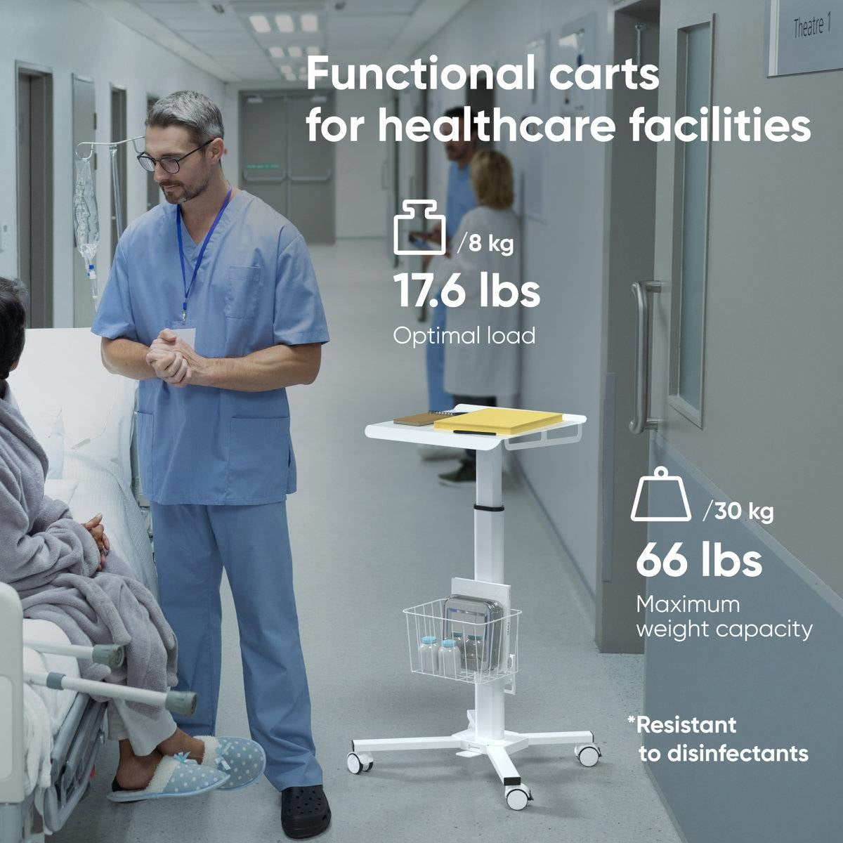Doctor in scrubs with a medical cart in a hospital setting, highlighting cart features.