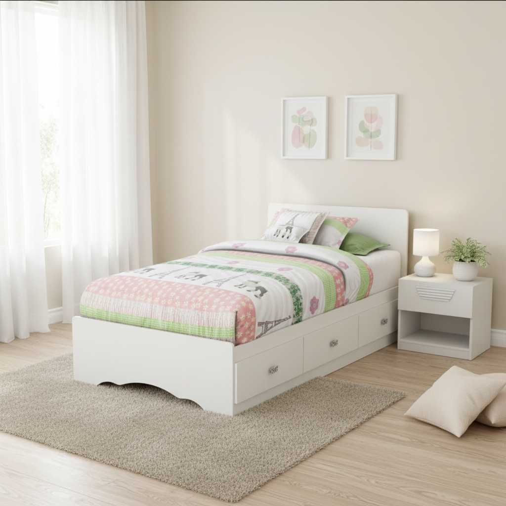 White bed with colorful bedding on a white background