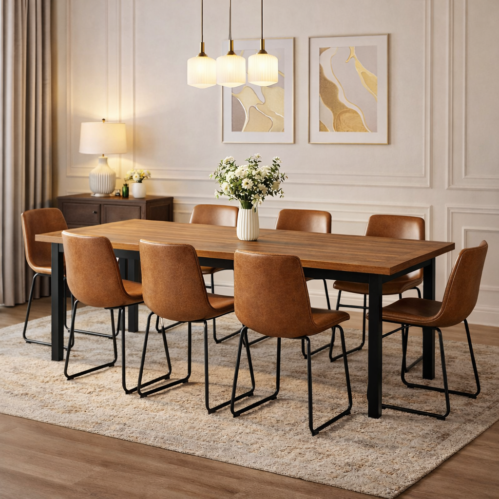 Dining room with wooden table and brown chairs, featuring abstract art on the wall.