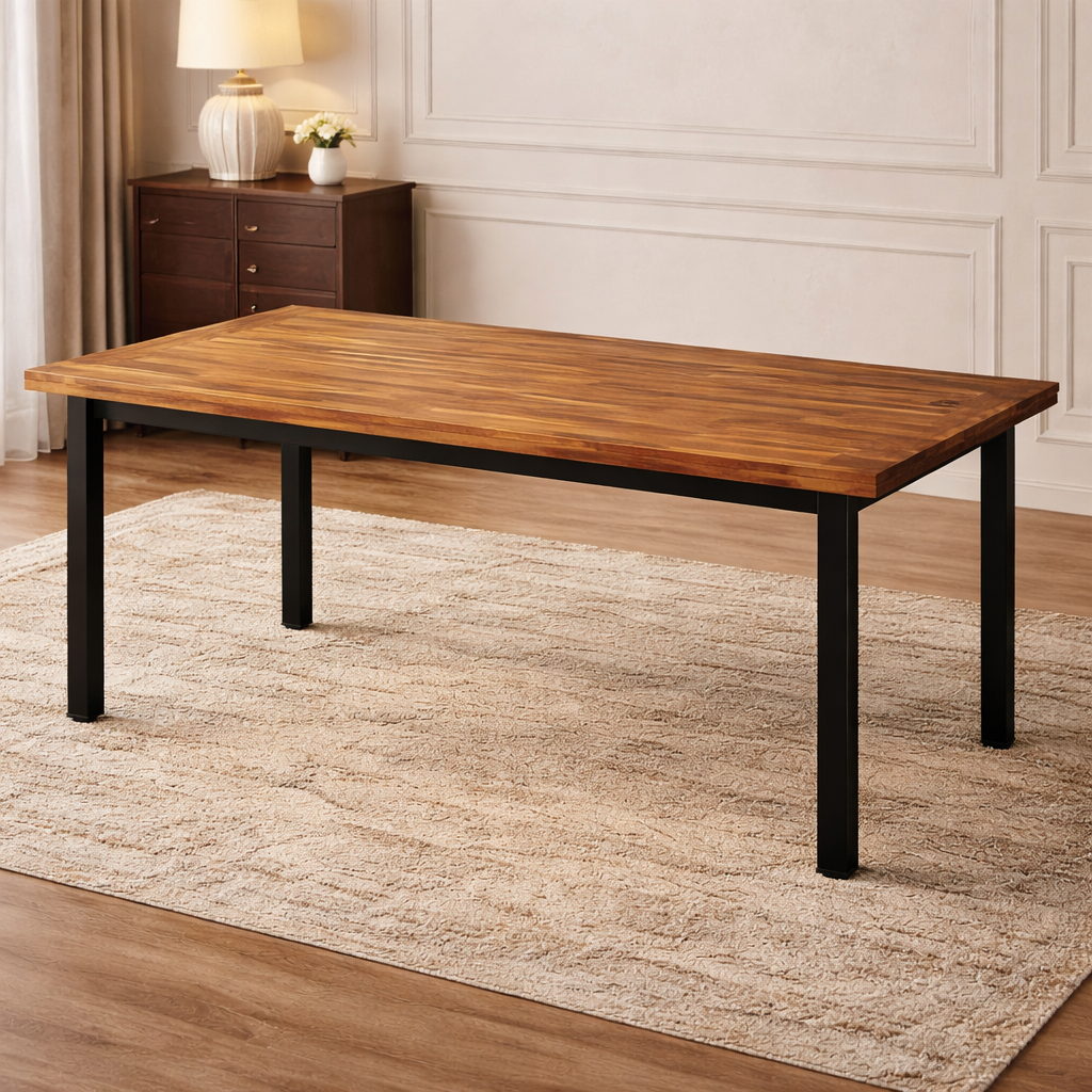 Wooden dining table with black legs on a beige rug in a room with a lamp and cabinet.
