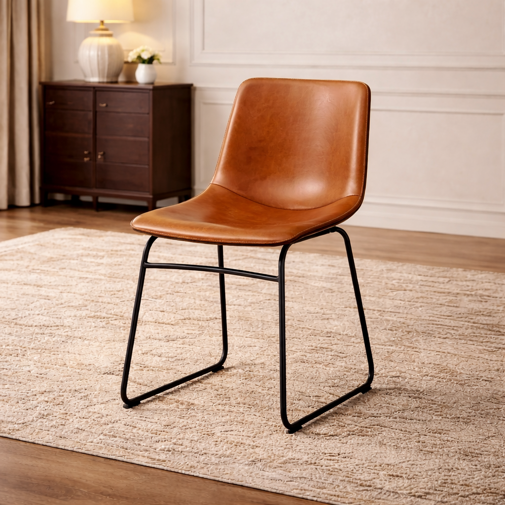 Brown leather chair with black metal legs on a beige rug in a room with wooden furniture.
