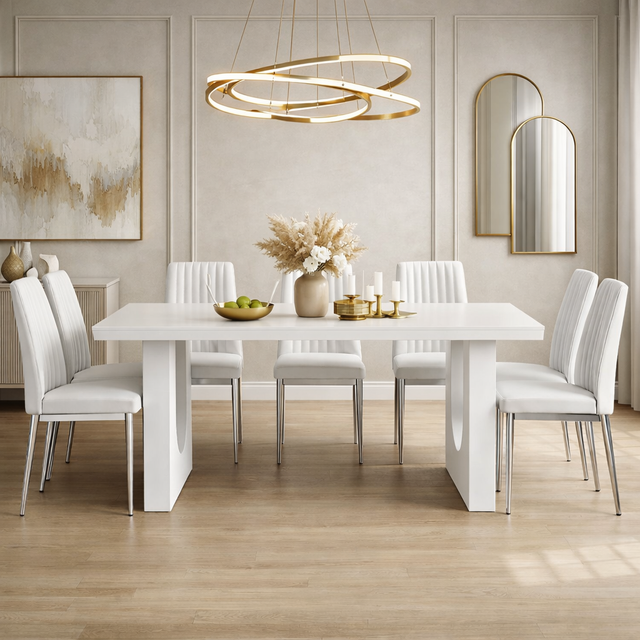 Modern dining room with a white table and chairs, featuring a chandelier and decor elements.