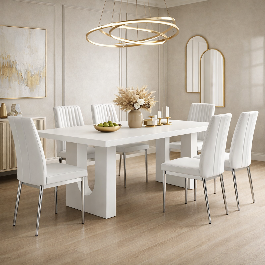 Modern dining room with a white table and chairs, featuring a stylish chandelier.