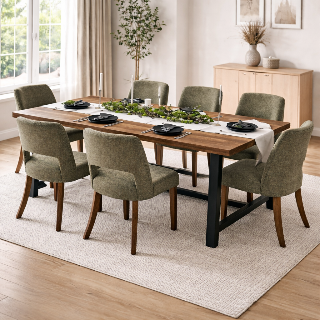Dining room with a wooden table set for dinner, surrounded by chairs on a light rug.