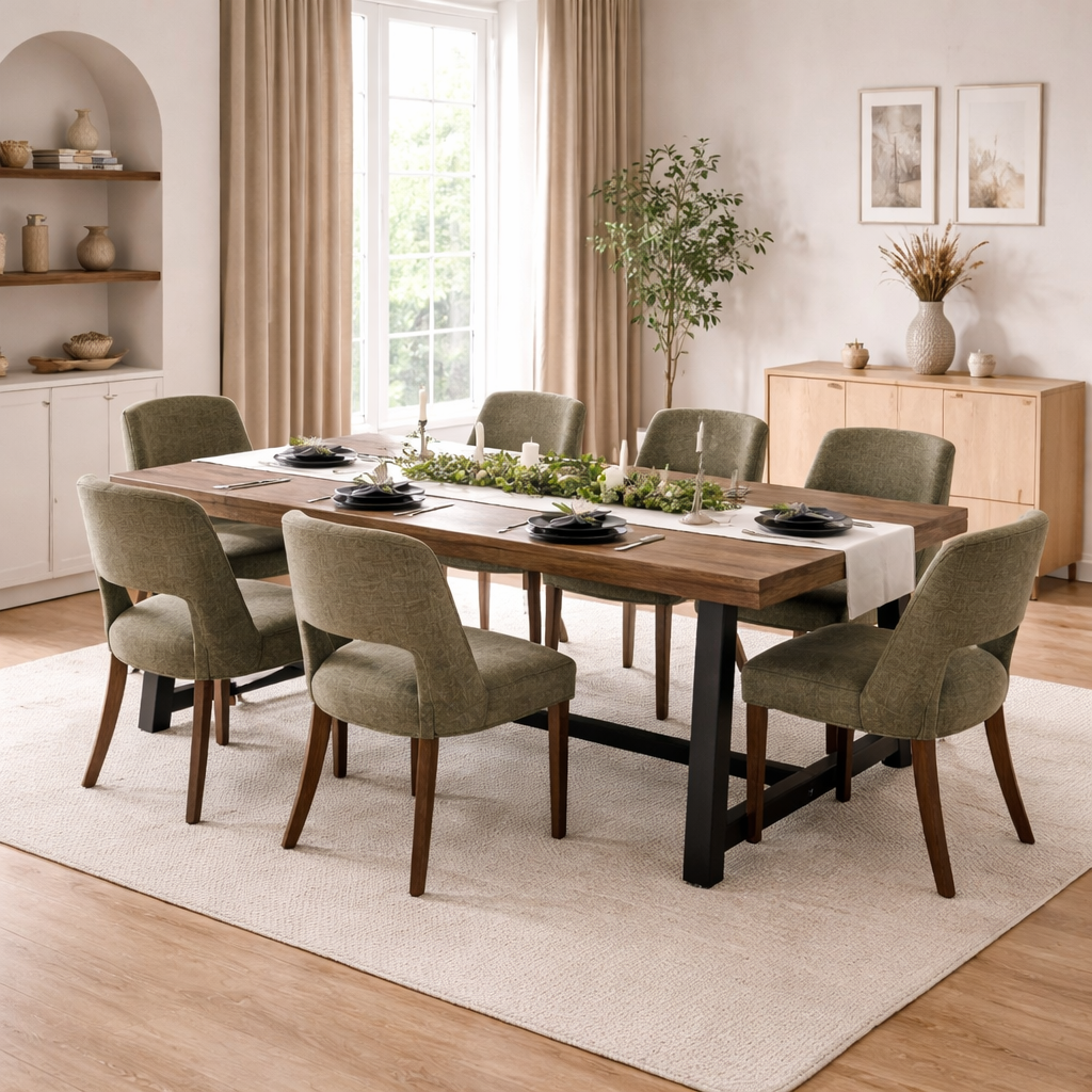 Dining room with a wooden table and chairs in a well-lit room.