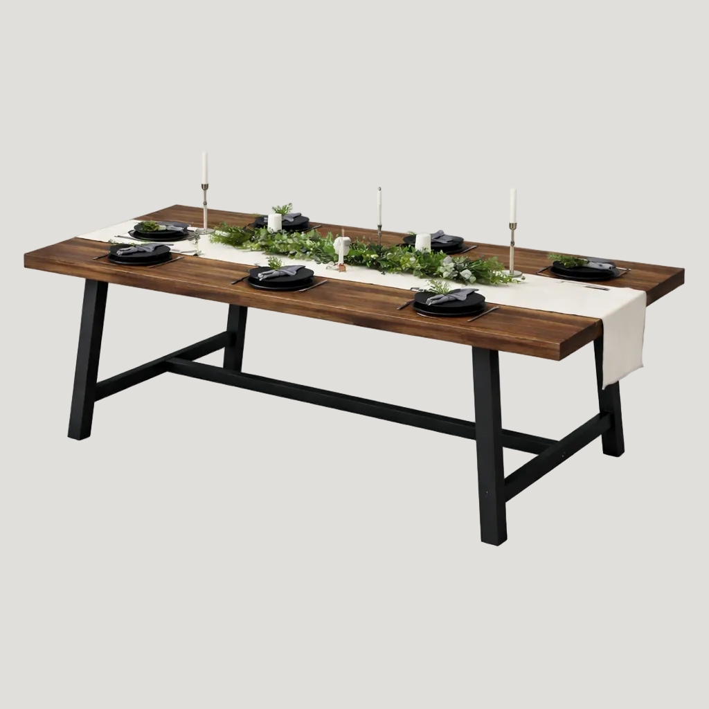 Dining table with a wooden top and black metal legs on a white background