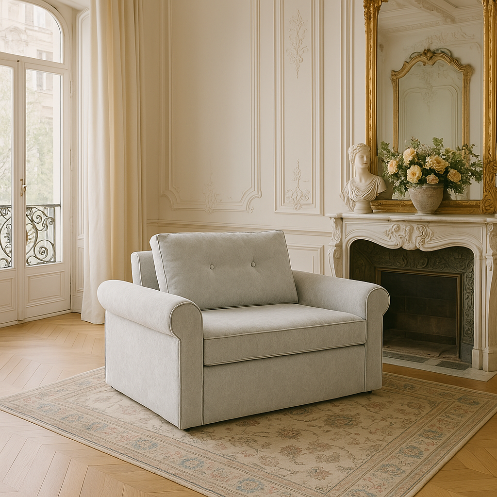 Beige armchair in a stylish room with a fireplace and decorative mirrors.
