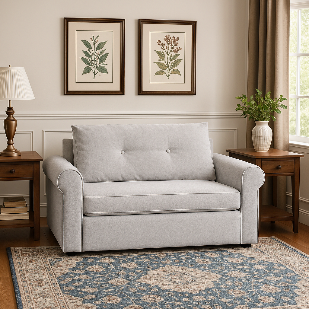 Gray sofa in a living room with framed botanical art, a lamp, and a plant.