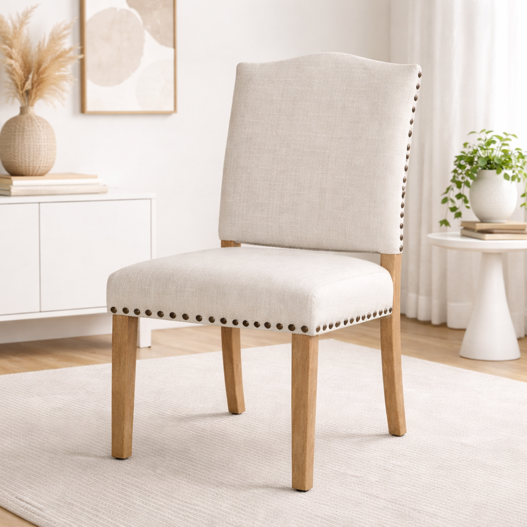 Beige upholstered chair with wooden legs in a room setting