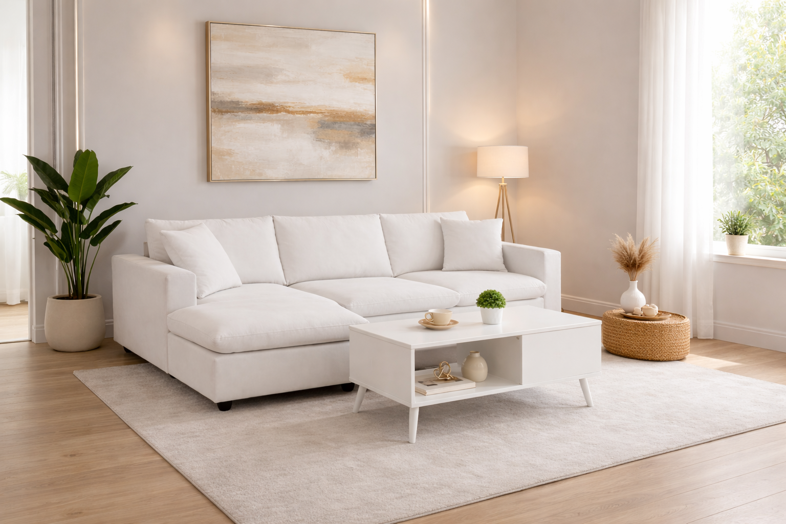 Modern living room with a white sectional sofa, coffee table, and decorative elements.