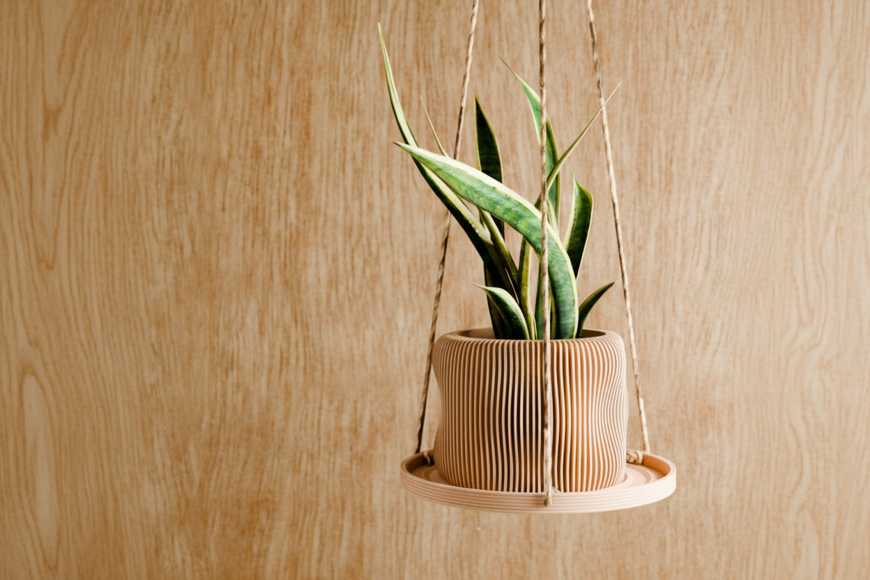 Potted plant hanging from a wooden shelf against a wooden wall with a brand logo.