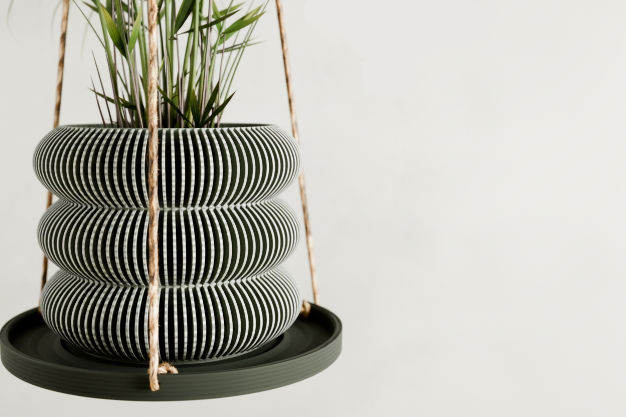 Stacked green ceramic planters on a white background