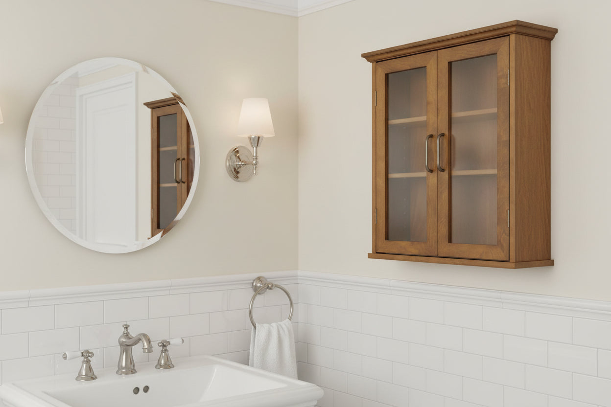 Oak Finish Bathroom Wall Cabinet with Glass  2-Doors & Shelves-0