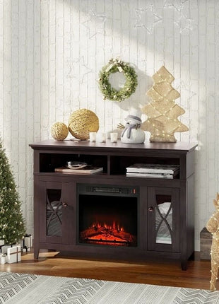 Espresso Electric Fireplace Mantel TV Stand w/ Adjustable Shelves 2 Storage Cabinets