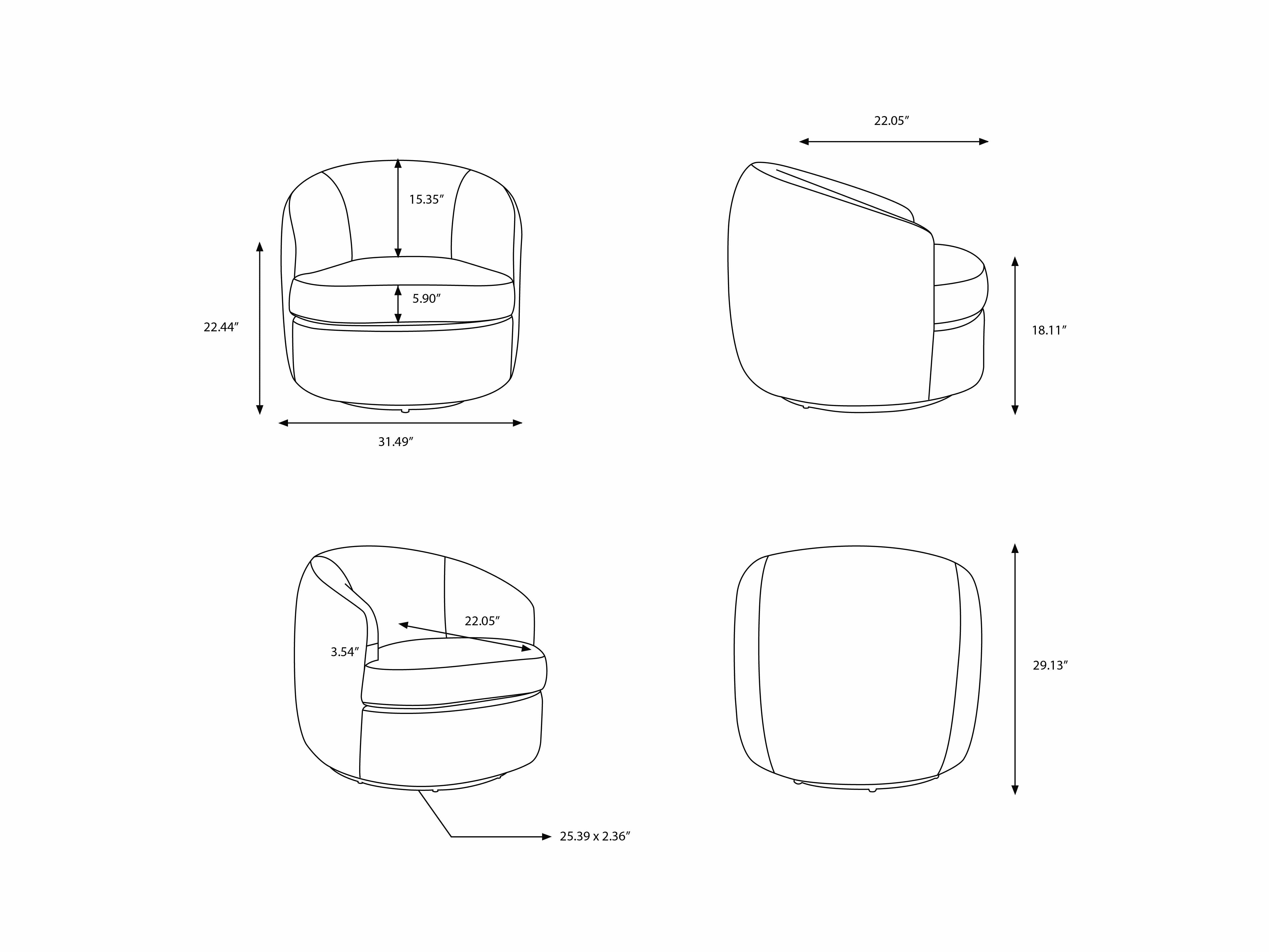 Technical drawing of a modern chair with dimensions