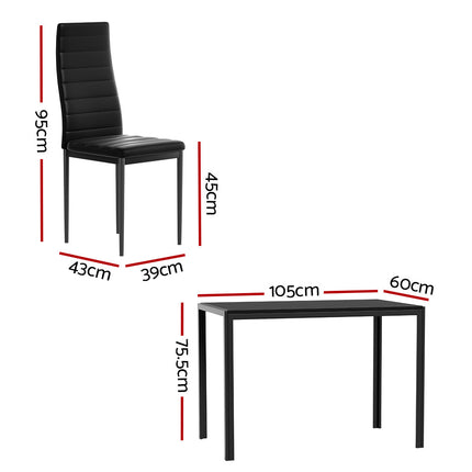 Black chair and table with dimensions marked on a white background