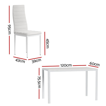 White chair and table with dimensions marked on a white background