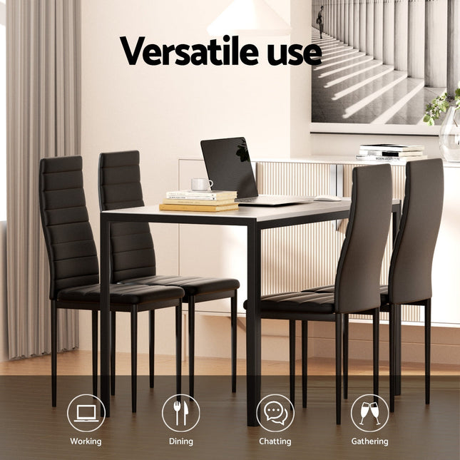 Dining table with chairs in a modern room, emphasizing versatile use for working, dining, chatting, and gathering.