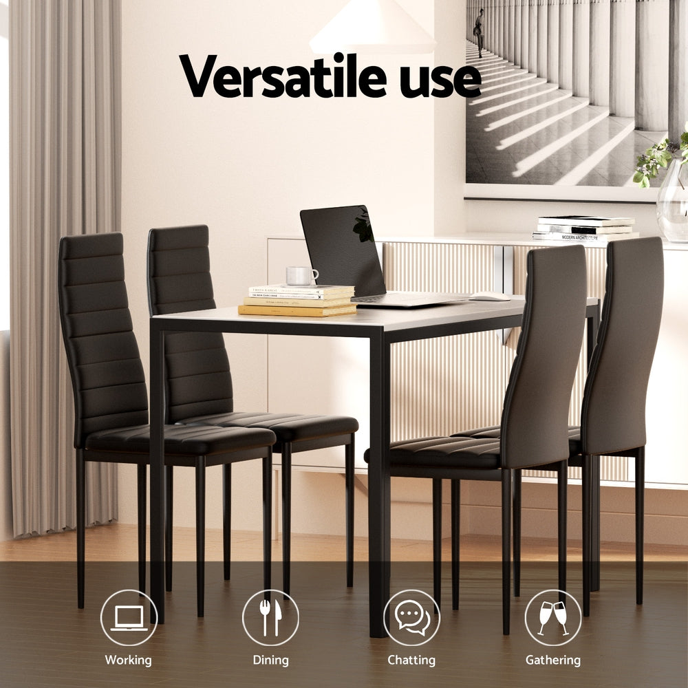 Dining table with chairs in a modern room, emphasizing versatile use for working, dining, chatting, and gathering.